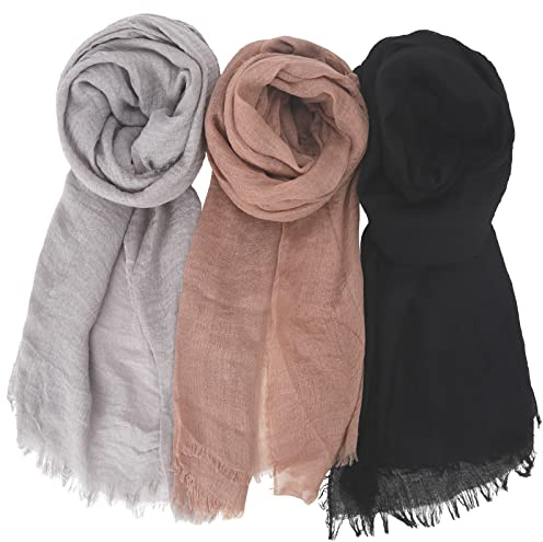 Gukasxi 3 Pieces Women Scarf Shawl for All Season, Solid Color Cotton Linen Scarf, Long Hijab Scarves for Women, Head Wrap, Soft Scarf Shawl (Multicolor A)
