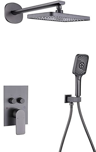DERBUT Juego de Mezclador de Ducha Empotrado de 2 vías, Sistemas de Cabezal de Ducha múltiple con Cabezal de Ducha y Manguera y Pistola de Soporte Gris