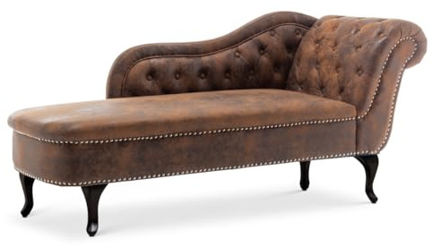 Luxury Antique Tufted Chesterfield Brown Faux Leather Indoor Chaise Lounge Chair with Arm – Retro Lounger with Deep Buttons , Curved Black Wood Legs & Studs for Bedroom Living Room Office , Left
