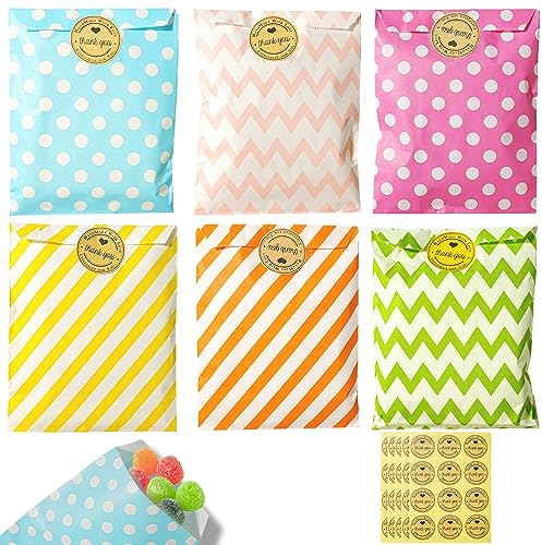 MOSTFUN 60 Stück Butterbrottüten, Candy-Bar Tüten, Klein Geschenktüten Tüten Bunt Süßigkeiten Tüten mit 60 Aufkleber für Kindergeburtstag Hochzeit Party Abschlussfeier 6 süße Designs