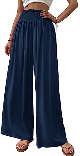 Cicy Bell Damen Hosen Gerade Locker Elastische Weite Beinhose Taille Palazzo Hose Mit Taschen Dunkelblau L