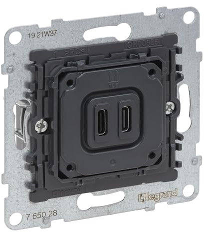LEGRAND, SEANO 2-fach USB-Ladesteckdosen-Einsatz, 2x-Typ C Ladestrom: 3 A bei 5 V bei einem Gerät, 1,5A bei gleichzeitigem Laden, 765028