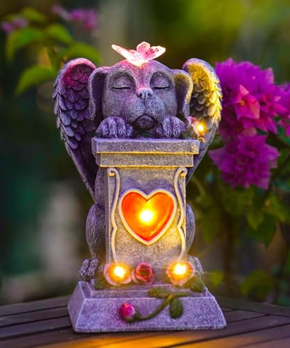 Goodeco Solar Hundestatue mit Engelflügeln - Wetterfeste Garten-Dekoration für Haustier Gedenken, Grabsteinersatz mit Solarlicht | Geschenk zur Trauerbewältigung, Weihnachten & Geburtstag (Höhe 30cm)