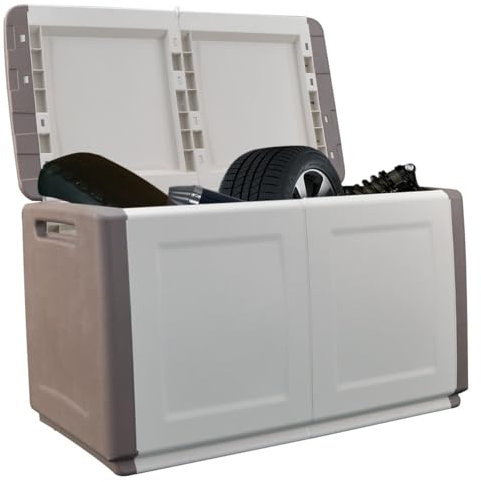 Intec - Baúl de almacenamiento exterior de 230 L, baúl de jardín, color beige y topo, 96 x 53 x 57 cm, asas de transporte