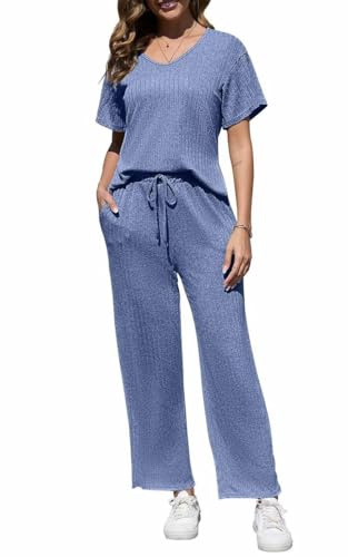 Yutdeng Conjuntos Mujer Verano Dos Piezas Pijamas Pantalon y Top Manga Corta Cuello V Ligeros Conjunto Punto Mujer Pantalones Anchos 2 Piezas Traje Elegante Conjunto de Verano Pijama,Azul,M