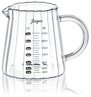 Joeyan 210ml/7oz Vaso Medidor de Vidrio,Baso Batidora de mano para Café,Leche,Cóctel y Matcha,Pequeño Taza Con Asa,Escala ML/OZ y Pico en V,Resistente Borosilicato Jarra Cristal para Cocina,Barista
