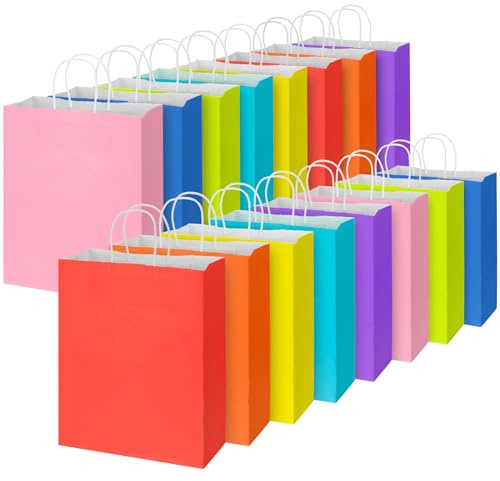 Große Papier-Partytüten, 8 Farben, Geschenktüten mit Griffen, Partygeschenk, Papiertüte, dick für Kinder, Süßigkeiten, Kekse, Feiern, Babyparty, Geburtstag (33 x 26 x 13 cm), 16 Stück