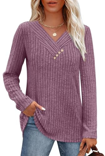 Aokosor V Neck Jumpers for Women UK Long Sleeve Tops Womens Sweatshirt with Buttons Casual Loose Fit Purple Size 22-24 XXL