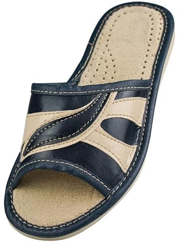 APREGGIO – damtofflor i läder – tofflor – bekväm bärkomfort – mjuka – 100 % naturprodukt – handgjorda, Marinblå beige, 40 EU