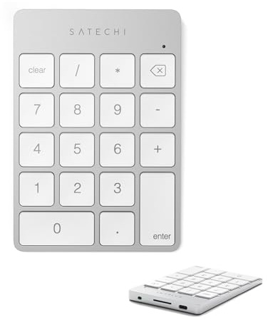 SATECHI Bluetooth Zahlenblock – Kabelloser Aluminium 18-Tasten Nummernblock – USB-C wiederaufladbares Numpad, Ziffernblock für MacBook, Windows, iMac, Mac mini, Laptops & mehr – Silber
