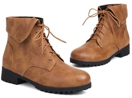 KUHAOFEU Botas Moto Mujer De Cuero con Cordones Tacón Carre Planas Botines Cortos,Marrón,36 EU