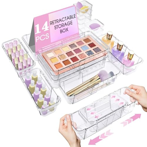 14 Pcs Extendable Clear Drawer Organizer, Adjustable Vanity Storage Box, 3-Size Desk Drawer Organizer, Non-Slip Storage Bins for Cosmetics, Jewelries, Stationeries, Tools, Cutleries, Toiletries