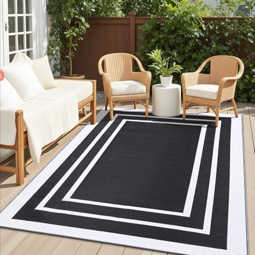 Homaxy Vattentät utommat, antiskid, omvändbar, uv-beständig, trädgårdsmatta, lätt att rengöra, matta för camping, terrass, strand, picknick, bakgård, 270 x 360 cm, svart-vit