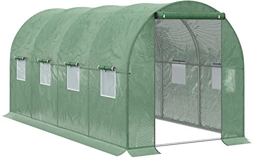 Outsunny Walk-in Polytunnel Greenhouse, Outdoor Garden Tunnel Greenhouse Tent with Zipped Roll-Up Door and 8 Mesh Windows, 4 x 2M