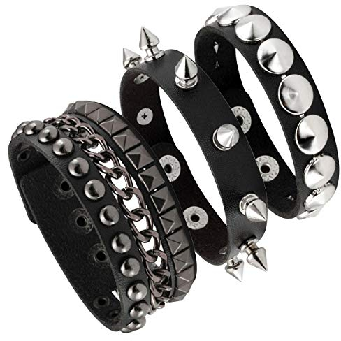 Eigso Punk Nietenarmband Herren Damen 3 Stücke Lederarmband mit Spke Schwarz Einstellbar für Damen Herren