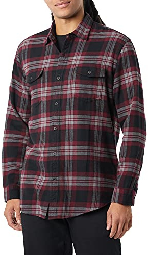 Amazon Essentials Camisa de Franela con Corte Recto, Dos Bolsillos y Manga Larga Hombre, Negro Burdeos Cuadros Escoceses, L