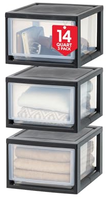 IRIS USA 14.5 Qt. Plastic Drawer Storage Organizer Stacking Drawers, 3-Pack, Stackable Unit with Sliding Drawer for Clothes Bedroom Kitchen Under Sink Pantry Craft Room Bathroom Dorm Office, Black