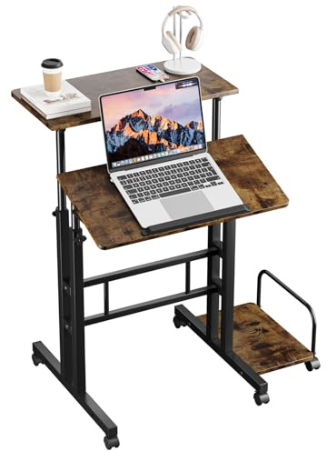 Dripex Standing Desk, Height Adjustable Rolling Desk with Tilting Table Top, Sit-Stand Workstation with Wheels, 60 x 60 cm, laptop Table, Workstation for Home and Office