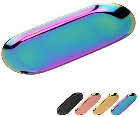 Bymivofun Ovales Tablett, Ovale Kosmetiktabletts, Edelstahl-Aufbewahrungstabletts, für Schmuckaufbewahrung, Snacks, Teeverkostung, Kerzen, Teller - 23x9,5cm (Mehrfarbig)