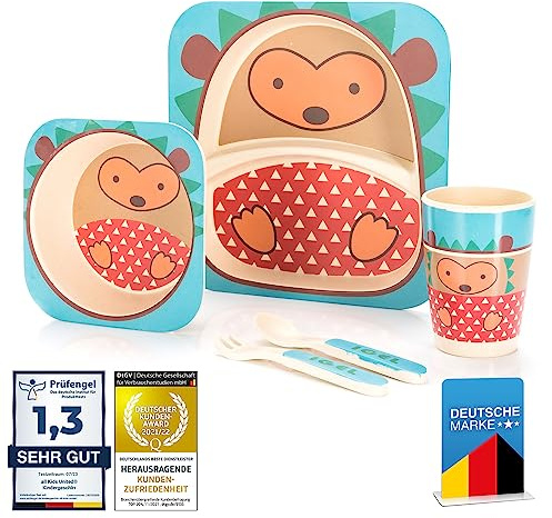 all Kids United® todos los juegos de vajilla de plástico para niños Juego de vajilla de 5 piezas con motivos de animales; taza, bol, plato, cuchara y tenedor para niños (Erizo)