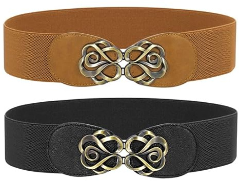 WERFORU 2 Pack Women Elastic Cinch Belts Vintage Stretchy Wide Dress Belt Black/Brown