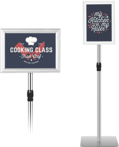 TANGZON A4 Poster Stand, 360° Rotatable 74-118cm Height Adjustable Sign Holder with Stable Base, Aluminium Snap Frame Display Poster Menu Stand for Wedding Shop Advertising Sales (Silver)
