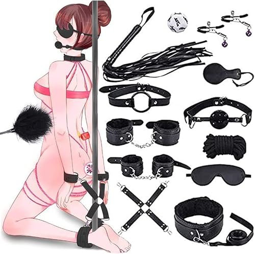 Qoosea 13 Stück SM Bondage Set Sex Spielzeug Extrem Sex, BDSM Fesseln Sex Set Erotik Spielzeug für Paare, SM Sexspielzeug mit Handschellen Knöchelmaske Knebel für Anfänger und Erfahr (Schwarz)