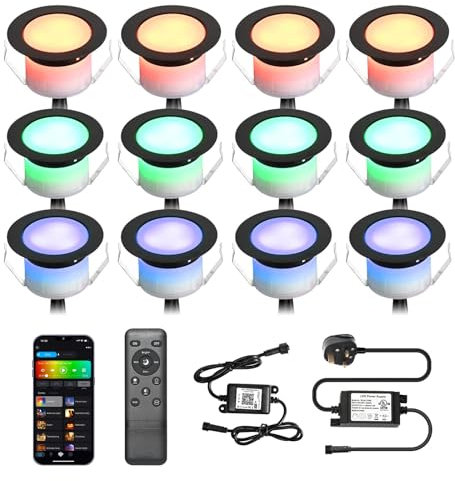 GEYUEYA Home WiFi Led Decking Lights RGBW Waterproof IP67 Multicolor Ø45MM 12V WiFi Function LED Deck Lights with Remote Control for Terrace/Patio/Path/Garden-12 Packs