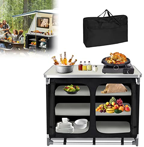 JOIEYOU Camping Küche, Campingtisch Klappbar mit Aluminiumgestell, Campingküche Outdoor Schrank Campingschrank inkl. Tragetasche für Wandern Picknick, 97x47.5x78cm
