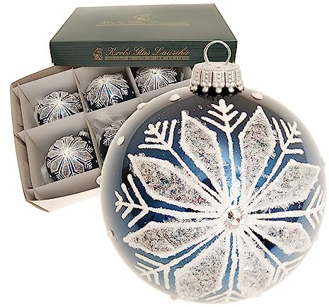 Krebs Glas Lauscha - Weihnachtsdekoration/Christbaumschmuck aus Glas - Weihnachtskugeln - Motiv: Kobaltblau-glänzend mit Schneeflocke - Größe: 6 mal 8cm