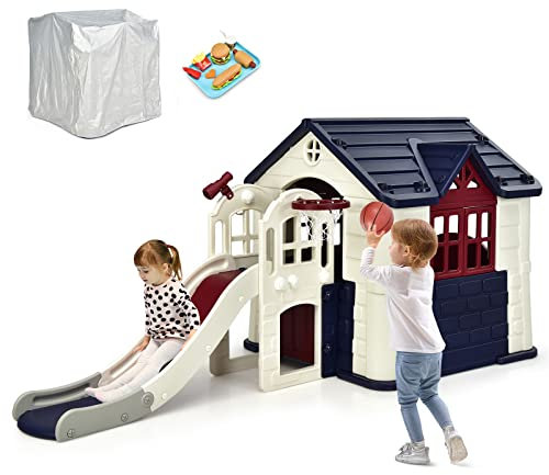 GOPLUS Cabane de Jardin Enfants avec Toboggan, Maison de Jardin avec 1 Porte et 2 Fenêtres avec Table de Pique-Nique, Assiettes et Jouets (+Toboggan, Bleu)