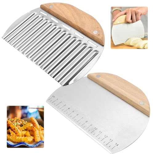 Tarocco per Impasti e Coltello Ondulato In Acciaio Inossidabile,Raschietto Per Pasta In Acciaio Inox,Spatola Pizza,Tagliapasta con Manico in Legno e Scala Graduata,per tagliare impasto,Verdura,Patate