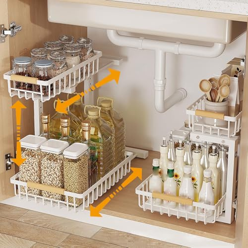 Cyiecweu 2 Etagen Küchenschrank Organizer, L Form Höhenverstellbares Spülschrank Organizer, Ausziehbarer Schrank Organizer Küche, Mehrzweck Kohlenstoffstahl Tnterschrank Organizer, Weiß, 1PC