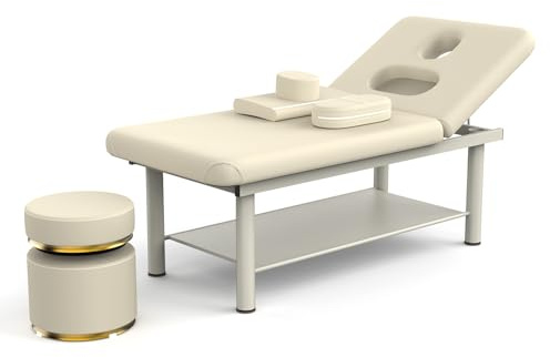 Ufurpie Stationary Massage Table with Round Swivel Stool, Professional Spa Massage Set, Adjustable Heavy-Duty Spa Physical Therapy Bed, 360° Adjustable Height Makeup Vanity Ottoman, Exam Table Set