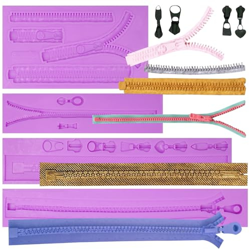Zipper Chain Silicone Molds Purse Bag Zipper Cake Decorating Molds Cake Border Decorating Fandant Baking for Diy Candy Biscuit Cookies Soap Sugar Pudding Hard Candies Dessert Candle Decor Set of 4