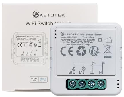 KETOTEK Relais Interrupteur Connecté WiFi 16A Compatible avec Alexa, Commutateur Interrupteur Module Intelligent 1 Weg/2 Wege Contrôle de Smart Life/Tuya App, Fil Neutre Requis