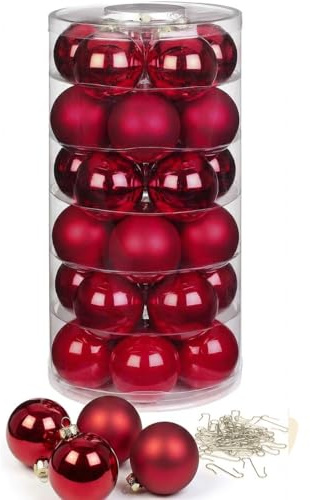 Inge Glas Weihnachtskugeln mit Haken | Schöne Christbaumkugeln aus Glas | Set 30 Kugeln und 40 Aufhänger | Christbaumschmuck Weihnachtsbaumkugeln (Ruby Red | rot)