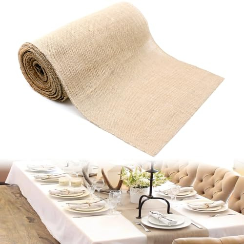 Jute Chemin de Table Vintage 30cmx180cm,Chemin de Lavable Décoration de Table Jute Rouleau,Chemin de Table Rouleau Toile de Jute Fil Doré,Chemin de Tables Toile de Jute pour Travaux Manuels,Mariage