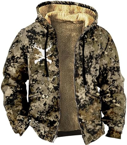 Veste à Capuche Polaire de Chasse Camouflage pour Hommes à Manches Longues Manteaux en Polaire Sherpa entièrement zippés Vestes de Mode Murale d’Hiver avec Poche