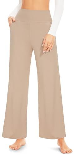 ACTINPUT Yoga Pants for Women Wide Leg Trousers with Pockets Ladies High Waisted Stretch Work Gym Joggers Casual Loose Lounge Pants(Beige,M)
