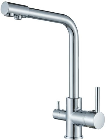 LLFFSSDG Grifo de cocina con sistema de filtro, 3 vías, grifo mezclador de acero inoxidable 3 en 1, grifo mezclador de cocina para filtro de agua, giratorio 360°, con 2 palancas para agua caliente