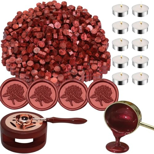 Wax Sealing Beads kit, Atopbb 300pcs Pearl White Wax Seal Beads, 1pcs Wooden WaxSeal Warmer, 1pcs Melted Spoon and 10pcs Tea Candles for WaxSealing Stamp Kit (Wine Red)