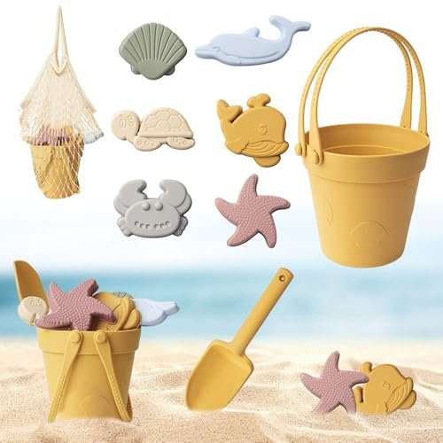 Rppiup 9 Stück Sandspielzeug Silikon, Strandspielzeug Sandspielzeug Set für Kinder, Weich Silikon Sand Spielzeug Set mit Eimer, Netzbeutel, Spaten, Tierformen, Muschel, Seestern für Strand Sandkasten