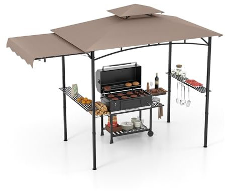 GOPLUS Grillpavillon, Grill Pavillon mit Seitenmarkise, Doppeldach, 2 Ablagen, 6 Haken & Flaschenöffner, Grillunterstand wetterfest, BBQ Pavillon für Outdoor Garten Hof, 326x153x250 cm (Braun)