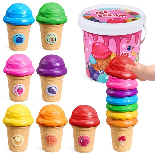JoyCat Ice Cream Toy Set for Toddlers 1-5, Color Sorting & Stacking Toys, Pretend Play Food for Boy Girls Kids, Educational Fine Motor Skills Gift (7 Cones 7 Scoops 1 Bucket)