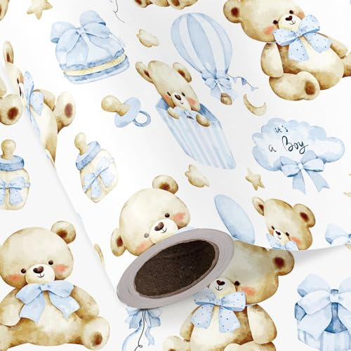 RUSPEPA Rotolo Di Carta Da Regalo Per Baby Shower Orsetto - Mini Rotolo - 43,2 Cm X 5 M - Carta Da Regalo Per Neonato Orsetto, Perfetta Per Compleanni Maschili E Baby Shower