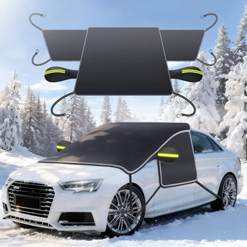 2025er Version Frontscheibenabdeckung Winter, 600D Wasserdichte & Eis Schnee Windschutzscheibenabdeckung Auto, deckt Seitenscheiben & Türgriffe ab, 360° Reflektorstreifen Auto Abdeckung für Pkw, SUV