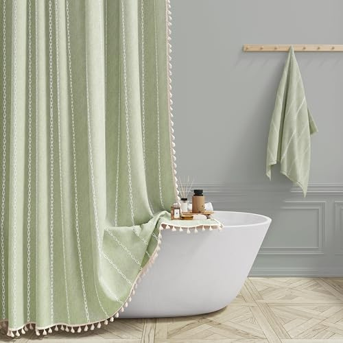BTTN 182 x 214cm Drop Extra Long Shower Curtain, Boho Farmhouse Striped Vintage Linen Fabric Shower Curtains with Tassel, Large Rustic Bohemian Shower Curtain set with 12 Plastic Hooks, Sage Green