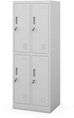 Jan Nowak Spind Metall abschließbar Schließfachschrank Umkleideschrank mit 4 Fächern, 150 x 56 x 45 cm, Sozialschrank, Schülerspind aus Metall mit Belüftung und Garderobenstange Grau
