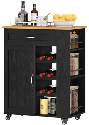 Hzuaneri Kitchen Island on Wheels, Wooden Kitchen Storage Trolley with Drawers and 3 Shelves, Rolling Kitchen Island Cart with Side Wine Rack for Dining Room, Laundry, Living Room Black ST03004B